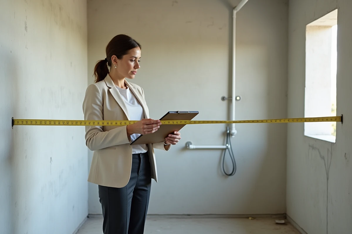 Gestionnaire immobilière mesurant la superficie d'une salle de bain vide à rénover dans un appartement locatif