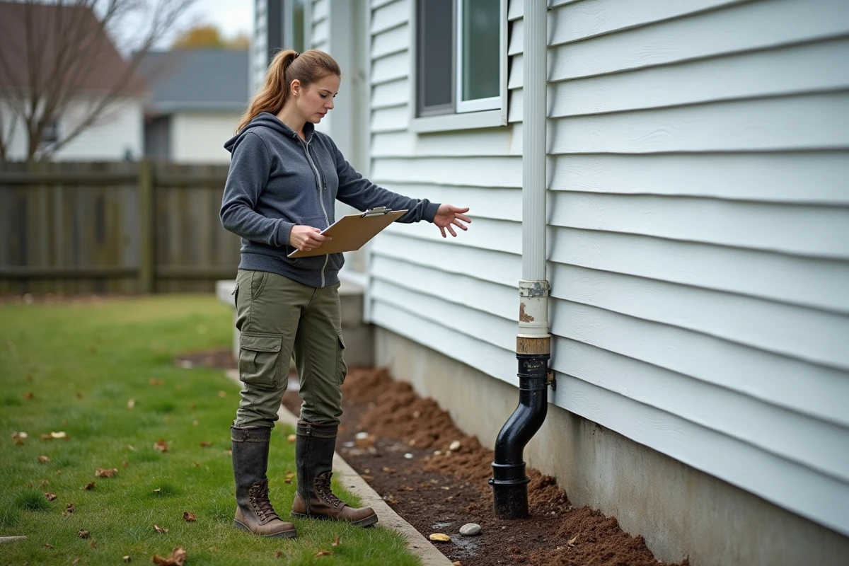 Entrepreneure en aménagement paysager montrant une erreur de gouttière rejetant l'eau contre le mur d'une maison