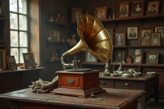 Gramophone ancien avec pavillon en laiton posé sur une table en chêne dans une boutique d'antiquités, illustrant la conservation et la protection d'objets de collection