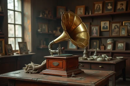 Gramophone ancien avec pavillon en laiton posé sur une table en chêne dans une boutique d'antiquités, illustrant la conservation et la protection d'objets de collection