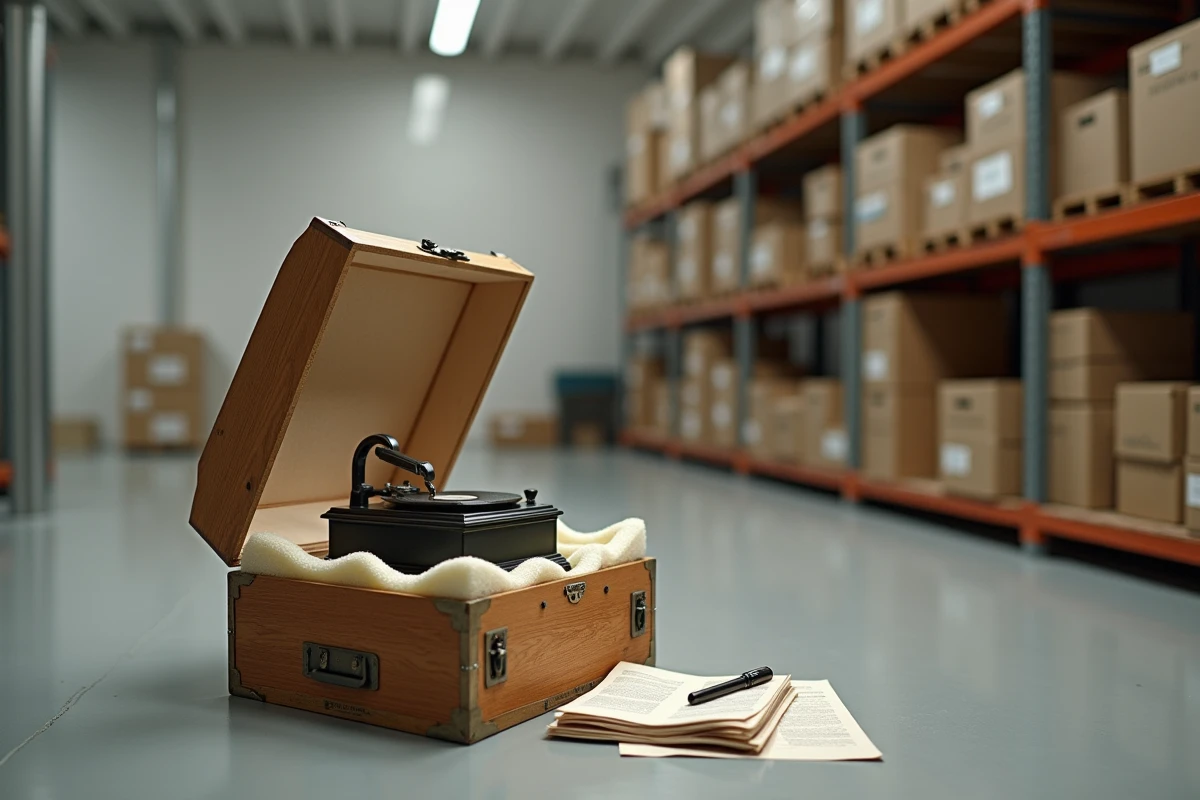 Gramophone ancien emballé dans une caisse en bois rembourrée de mousse acide-free dans une salle de stockage climatisée, avec un document d'évaluation pour assurance posé à côté