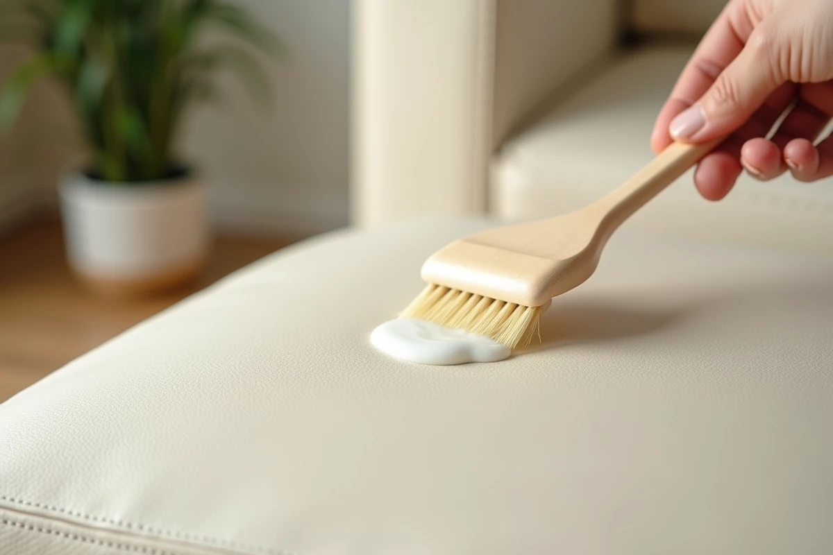 Gros plan sur l'application d'un produit nettoyant adapté sur un canapé en cuir crème fragile