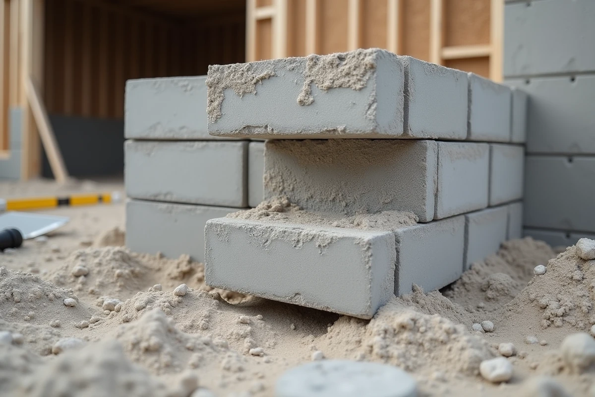 Gros plan sur des parpaings empilés montrant l'épaisseur des blocs et les joints de mortier d'un mur de garage