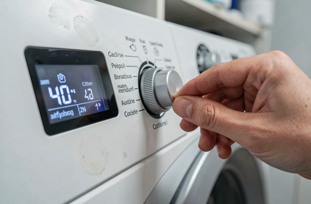 Gros plan sur le sélecteur de programme d'un lave-linge Valberg réglé sur un cycle coton économique