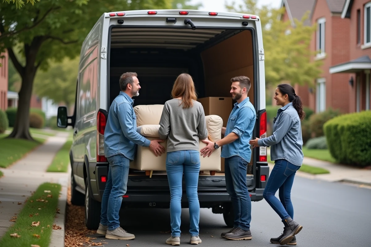 Groupe divers de quatre personnes chargeant un camion de déménagement dans la rue