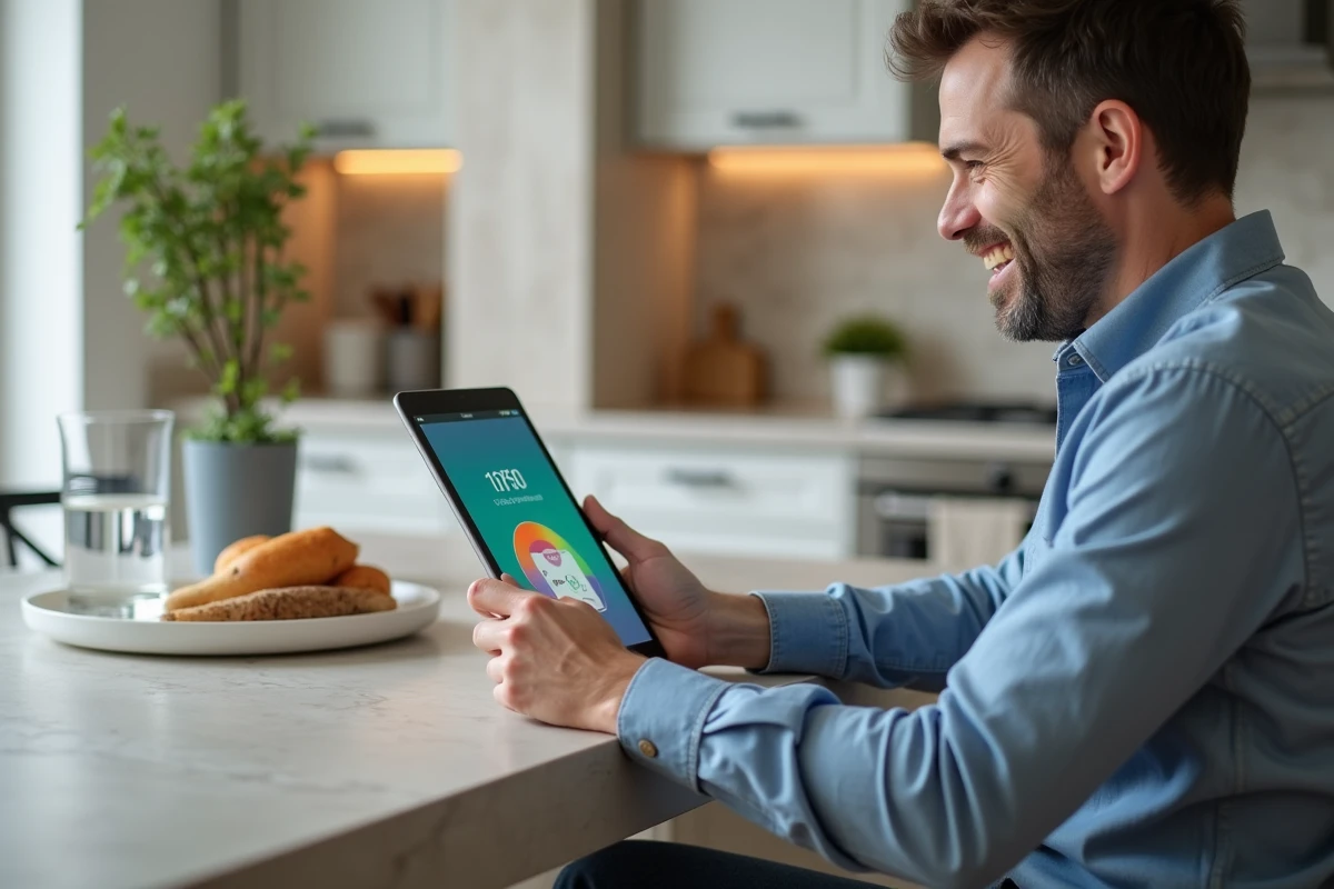 Homme consulte une application de chauffage sur sa tablette dans la cuisine