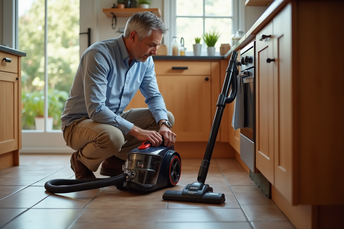 Homme qui assemble un aspirateur dans la cuisine