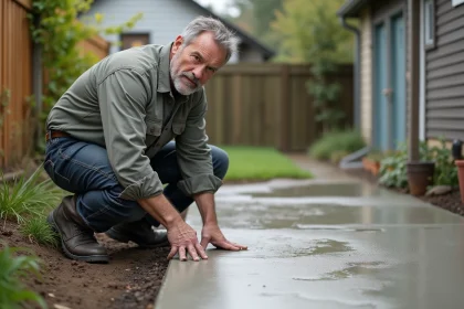 Homme d'&acirc;ge moyen examine une terrasse en b&eacute;ton fra&icirc;chement coul&eacute;