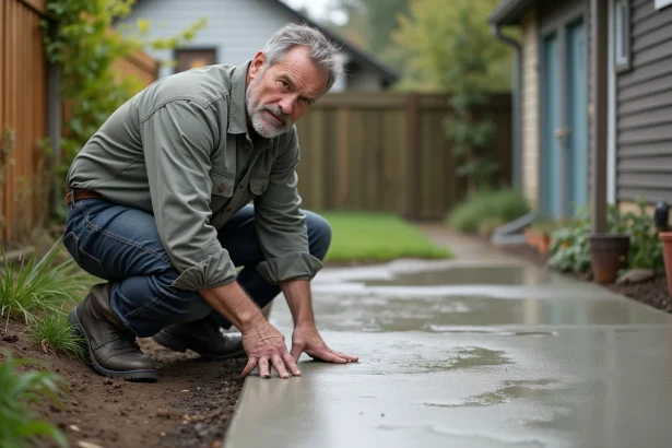 Homme d'âge moyen examine une terrasse en béton fraîchement coulé