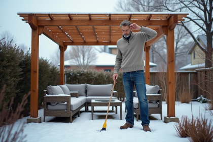 Homme en laine nettoyant une pergola en bois sous la neige