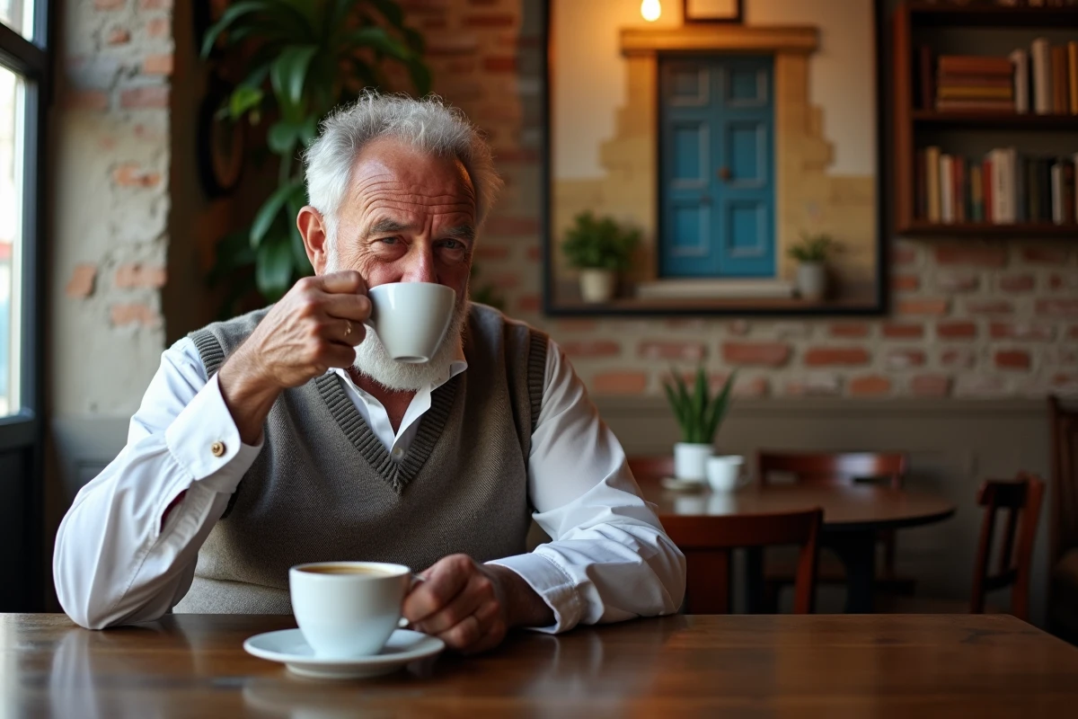 Homme &acirc;g&eacute; d&eacute;gustant un espresso dans un caf&eacute; ancien
