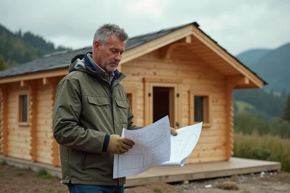 Homme en ext&eacute;rieur examine plans de chalet en bois