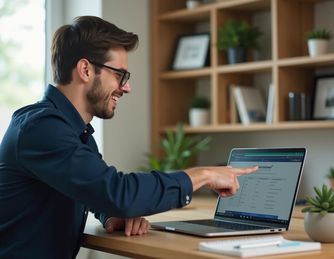 Homme comparant des offres d'assurance en ligne sur ordinateur portable dans un bureau à domicile moderne, symbolisant la facilité d'utilisation d'Agorenovation.fr