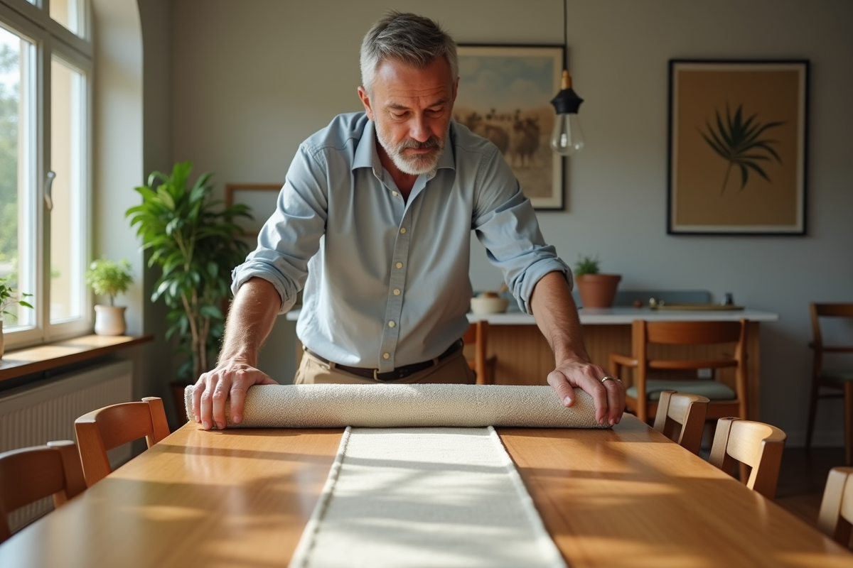 Homme déployant un tapis dans une salle à manger lumineuse