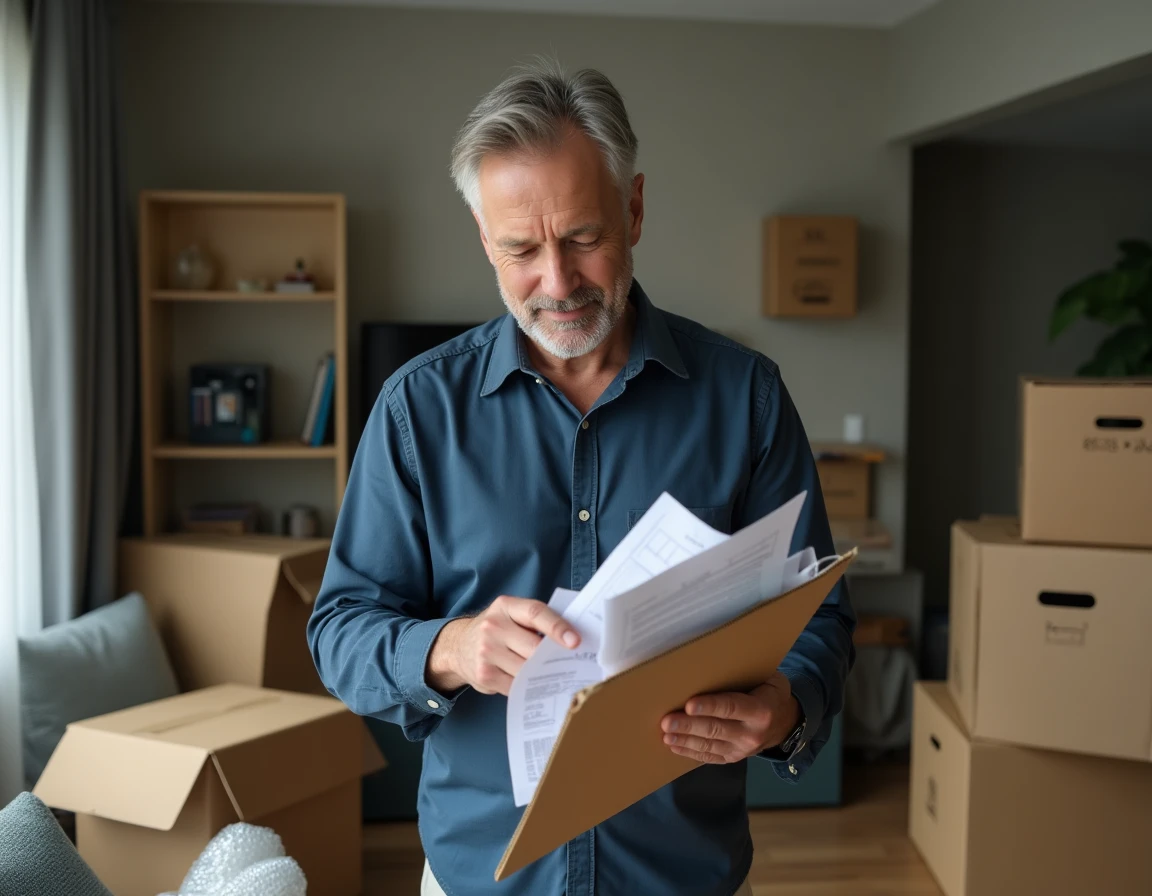 Homme tenant un dossier de documents EDF dans un salon en cours de déménagement entouré de cartons