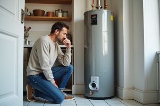 Homme regardant l'étiquette d'efficacite d'un chauffe eau moderne