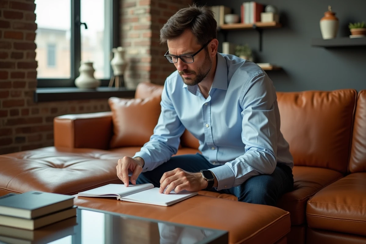 Homme comparant deux produits de soin pour cuir dans un loft moderne
