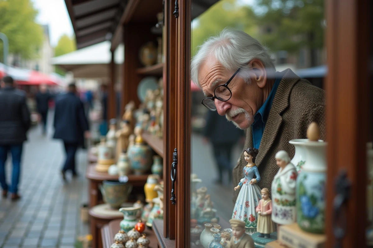 Homme inspecte des figurines Quimper dans un marché aux puces