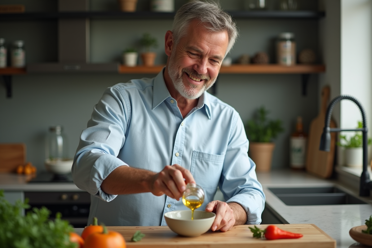 Homme versant de l huile de chanvre dans une cuisine moderne