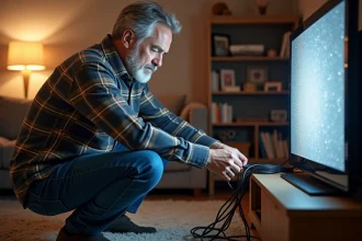 Homme inspectant un câble coaxial dans un salon moderne