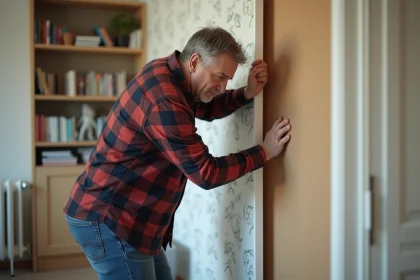 Homme appliquant une isolation dans un salon moderne