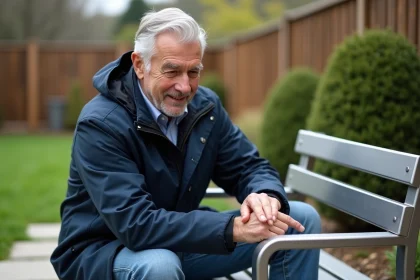 Homme d'&acirc;ge moyen inspectant un banc en m&eacute;tal dans son jardin