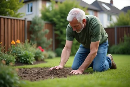 Homme en jeans et t-shirt vert en train d'&eacute;taler de l'herbe