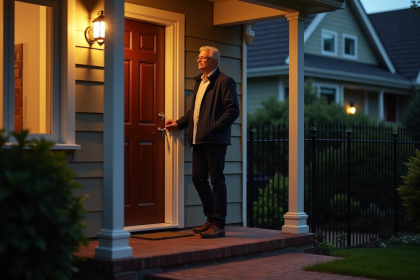 Homme d'âge moyen ferme la porte de sa maison de banlieue