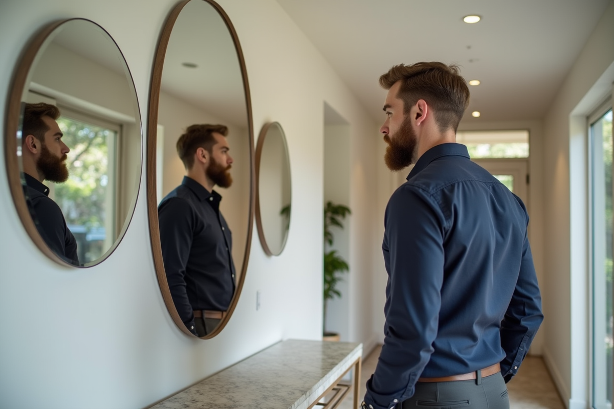 Homme regardant des miroirs ronds dans une entrée lumineuse