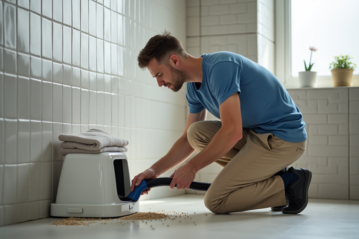 Homme utilise un aspirateur pour nettoyer la litière dans la salle de bain