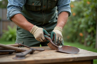 Homme en vêtements de travail nettoie une bêche rouillée dans le jardin