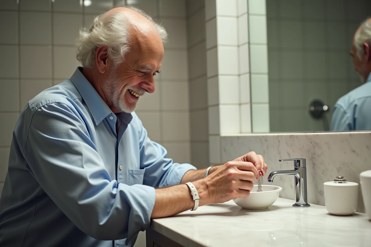 Homme âgé nettoyant un collier en argent dans la salle de bain