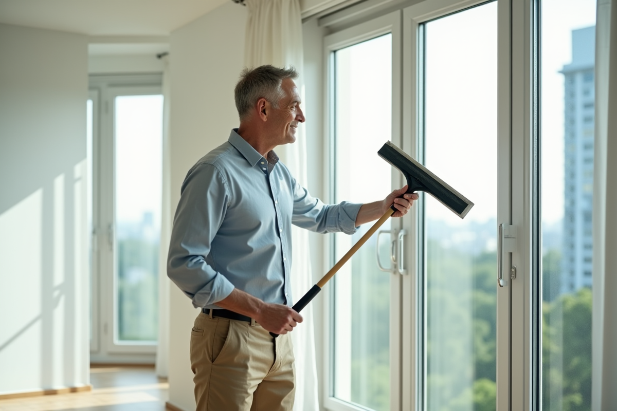 Homme essuyant une fenêtre dans un salon lumineux