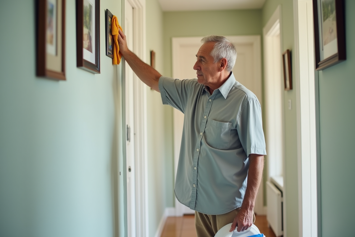 Homme âgé nettoyant un mur dans un couloir lumineux