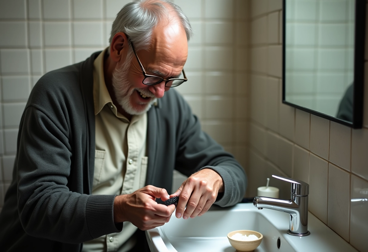 Homme âgé polissant un bracelet en argent avec une brosse