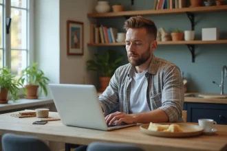 Homme en jeans et chemise à carreaux consulte un site de rénovation maison