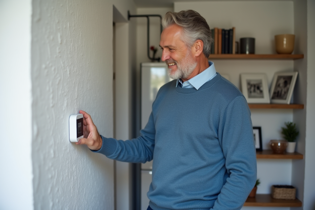 Homme ajustant un thermostat intelligent dans un couloir intérieur