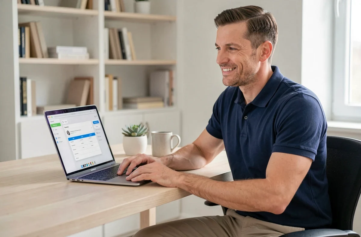 Homme satisfait réservant un service à domicile sur ordinateur portable, représentant le gain de temps offert par les plateformes d'aide en ligne pour particuliers pressés