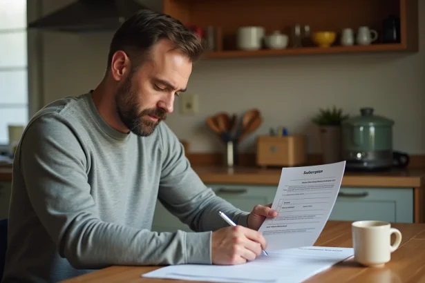 Homme lisant un document d'abonnement Bricolife à la cuisine pour préparer sa résiliation