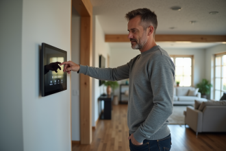 Homme d'âge moyen utilisant un panneau de contrôle domotique