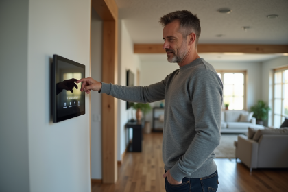 Homme d'âge moyen utilisant un panneau de contrôle domotique