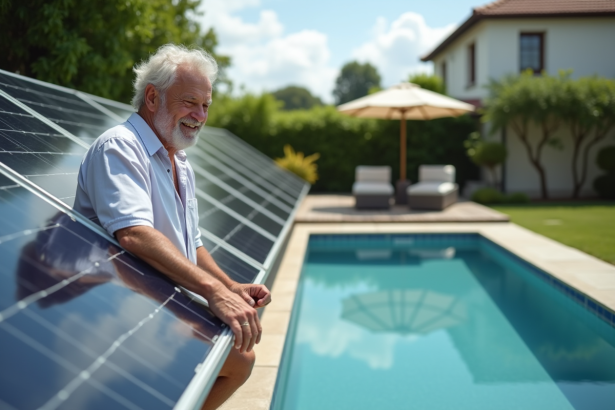 Homme souriant inspectant des panneaux solaires dans un jardin