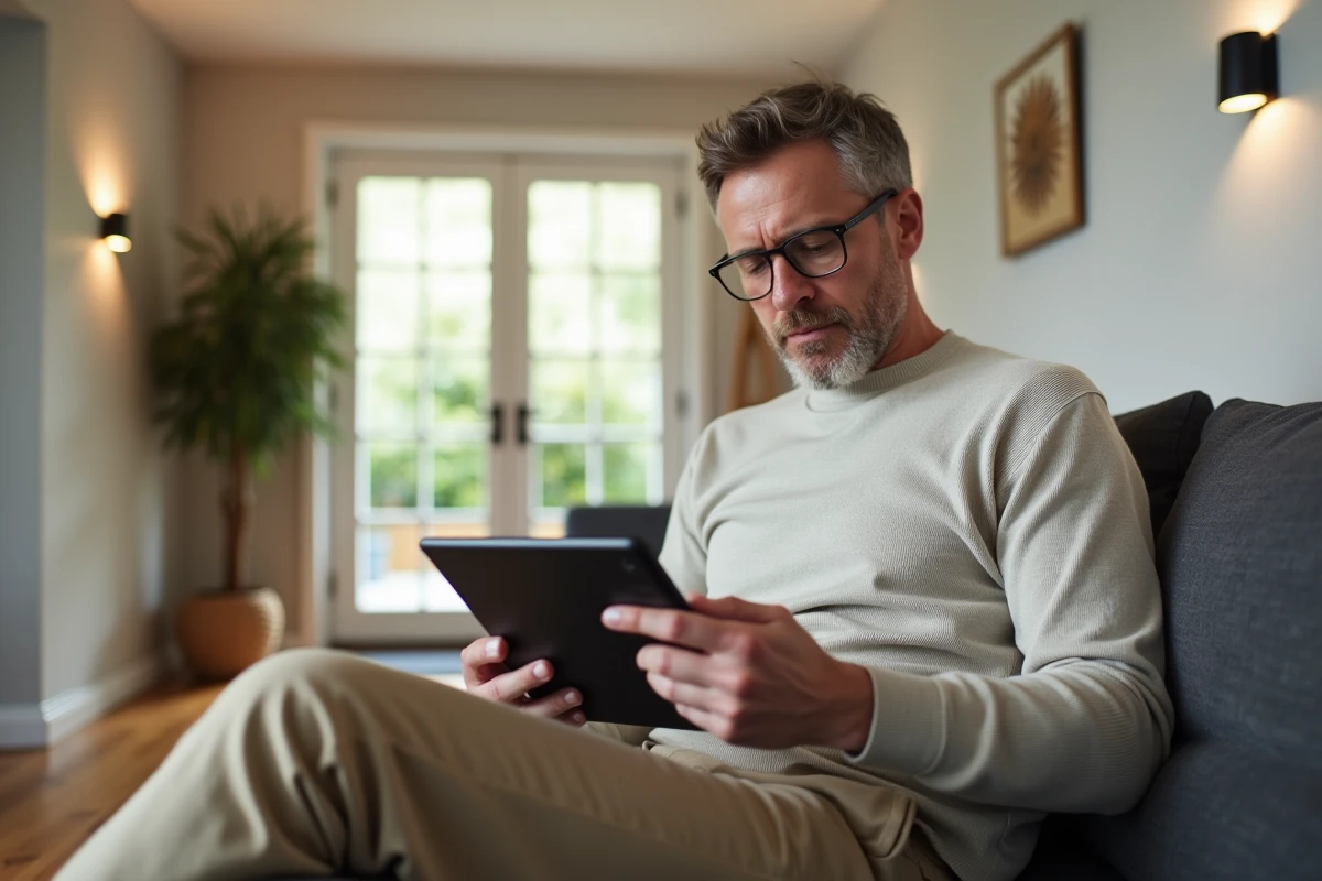 Homme détendu contrôlant la maison connectée avec sa tablette