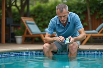 Homme d'âge moyen testant l'eau de la piscine dans un jardin