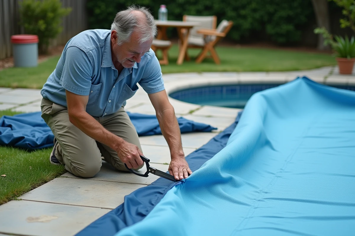 Homme ajustant une couverture de piscine dans le jardin