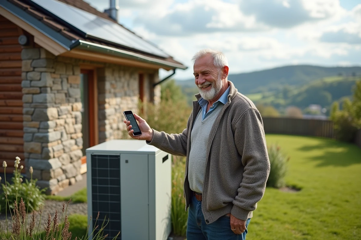 Homme âgé inspectant une pompe à chaleur extérieure dans un paysage naturel