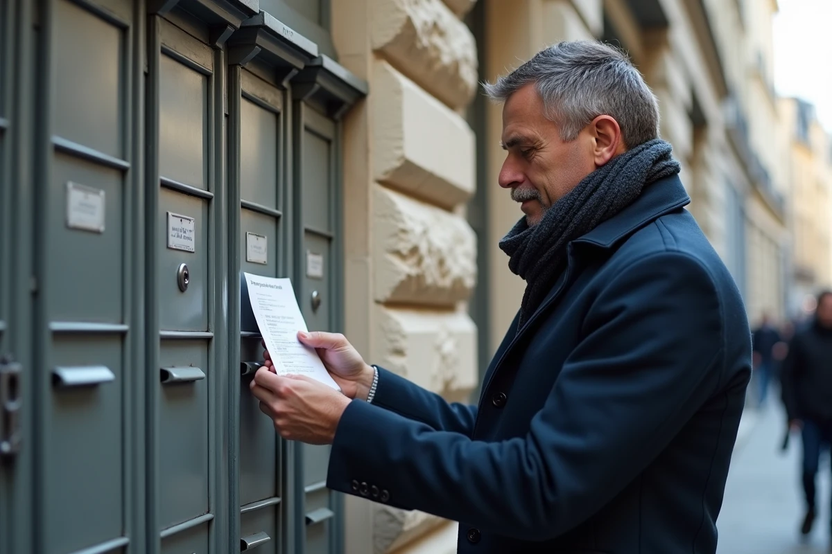 Homme en extérieur insérant un formulaire dans une boîte aux lettres