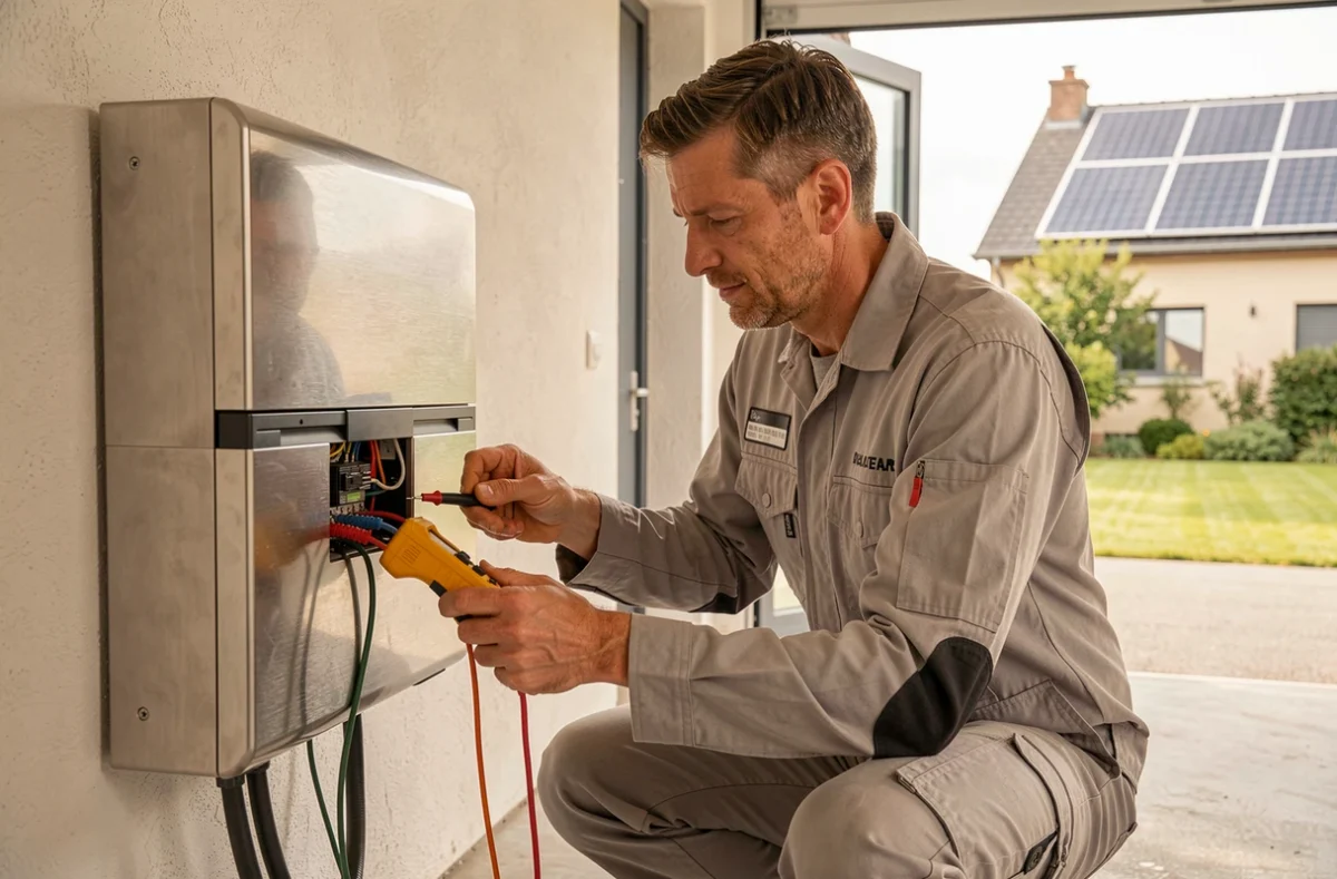 Spécialiste d'ID Energies Bio Guidel vérifiant une unité de stockage par batterie solaire dans un garage résidentiel du Morbihan