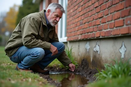 Propriétaire inspectant une infiltration d'eau au pied de la fondation d'une maison avec sol détrempé
