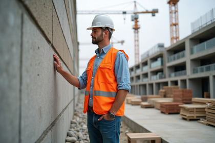 Ingénieur en chantier touchant un mur en matériaux innovants